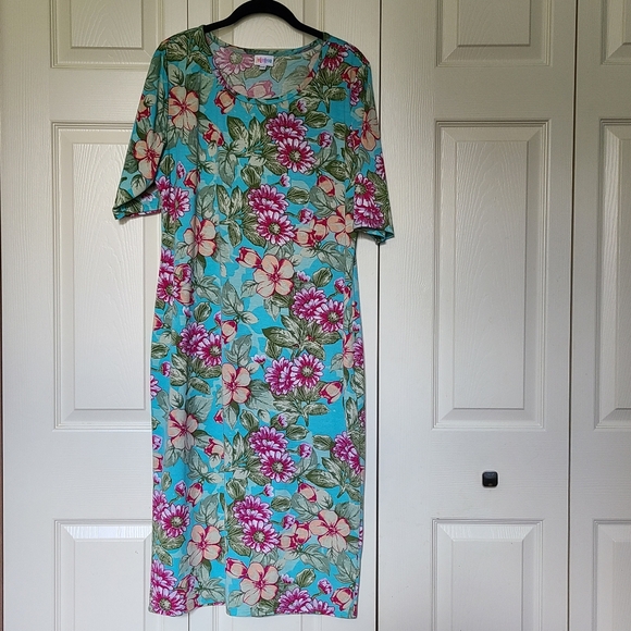 LuLaRoe Dresses & Skirts - Turquoise Floral Mid-Calf Dress with Wine Pink & Peach Cream Flowers  Size XXL